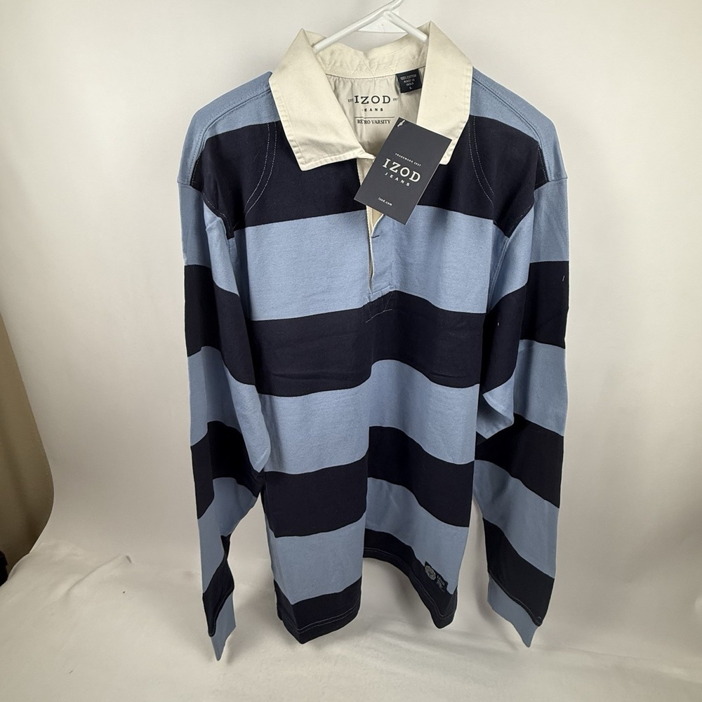 IZOD Jeans Retro Varsity Men’s L Rugby Shirt Blue Navy Stripe Cotton NWT